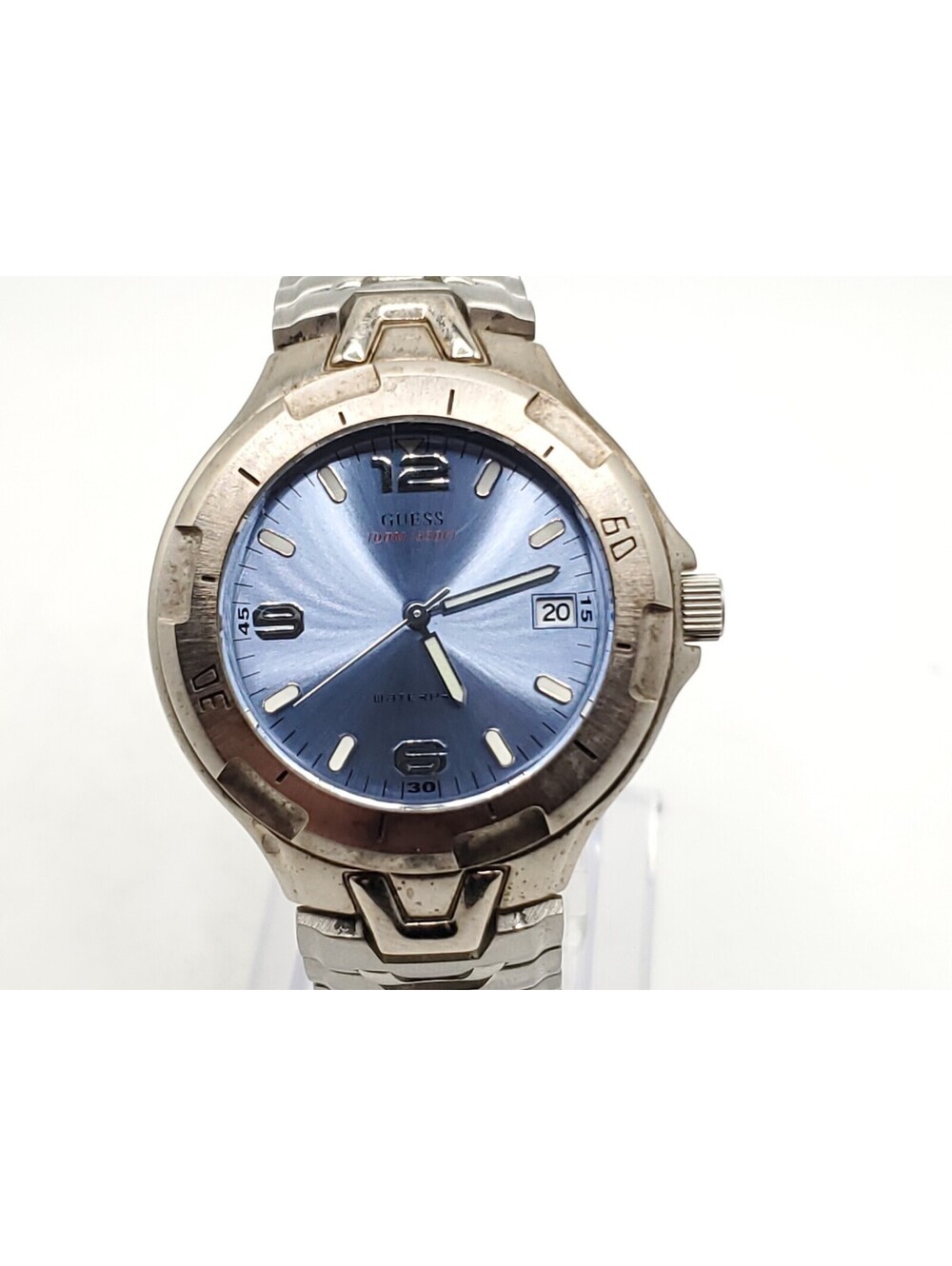 Guess Waterpro Mens Watch New Battery Blue Dial Silver Tone 37mm